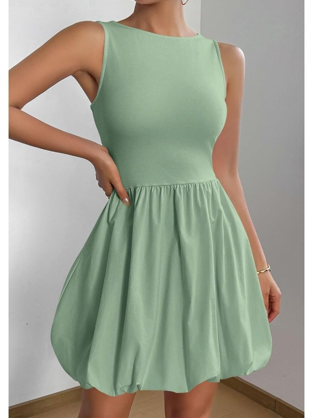 〽️Women's Green Casual Sleeveless Tank Crew Neck Short Cocktail Mini Dress